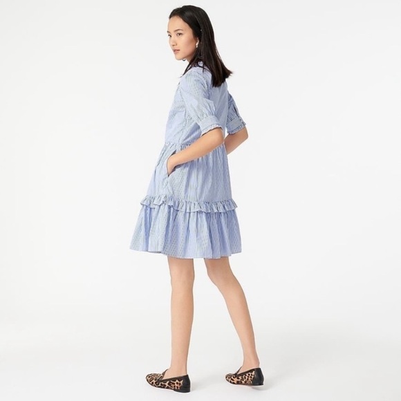 J. Crew Blue‎ and White Striped Popover Tiered Ruffle Dress size small pockets - Picture 1 of 14